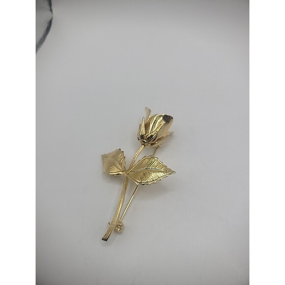 Vintage Brooch Pin Rose Flower Gold Tone Leaves Jewelry Costume - Picture 5 of 13